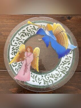 Signed Peggy Karr Fused Art Glass Heavenly Angels Christmas Plate